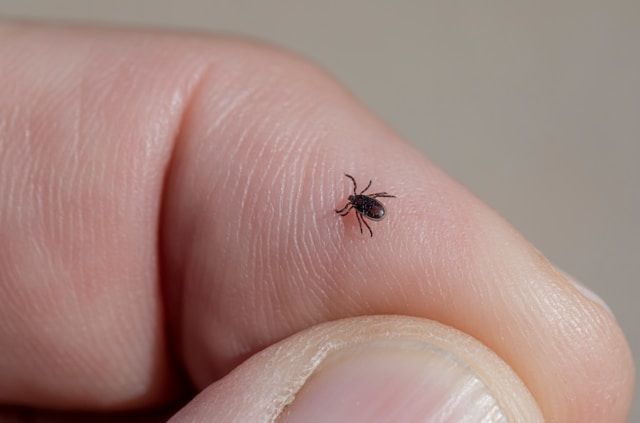 A tick crawling on a person's finger.