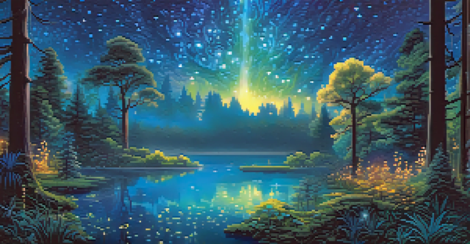 A mystical forest with glowing plants and a starlit sky, reflecting in a serene pond.