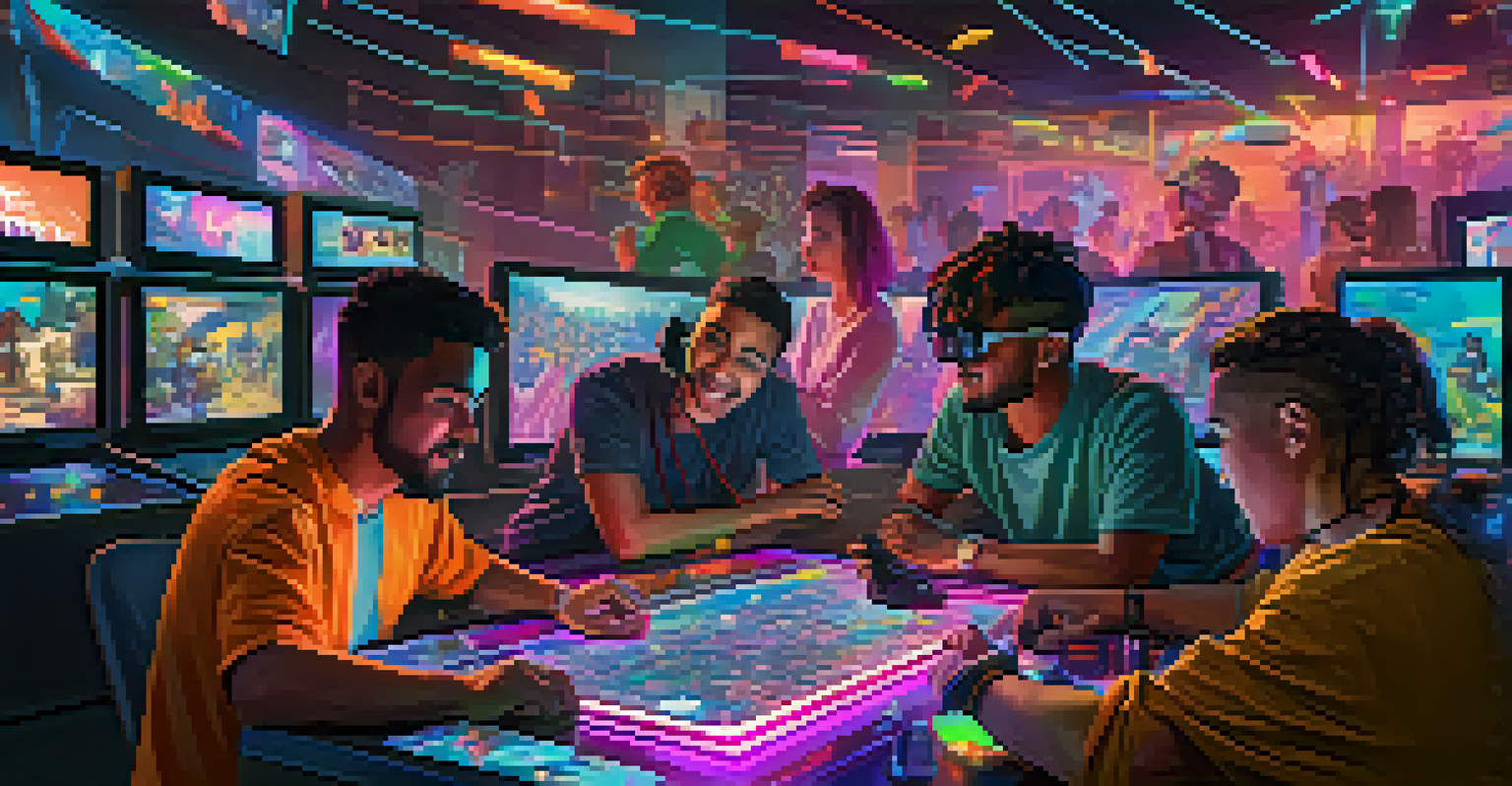 A group of gamers discussing NFT strategies at a virtual table in a futuristic setting.