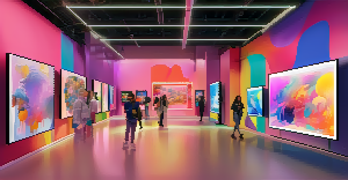 A colorful digital art marketplace featuring large screens displaying various NFT artworks in a modern setting.