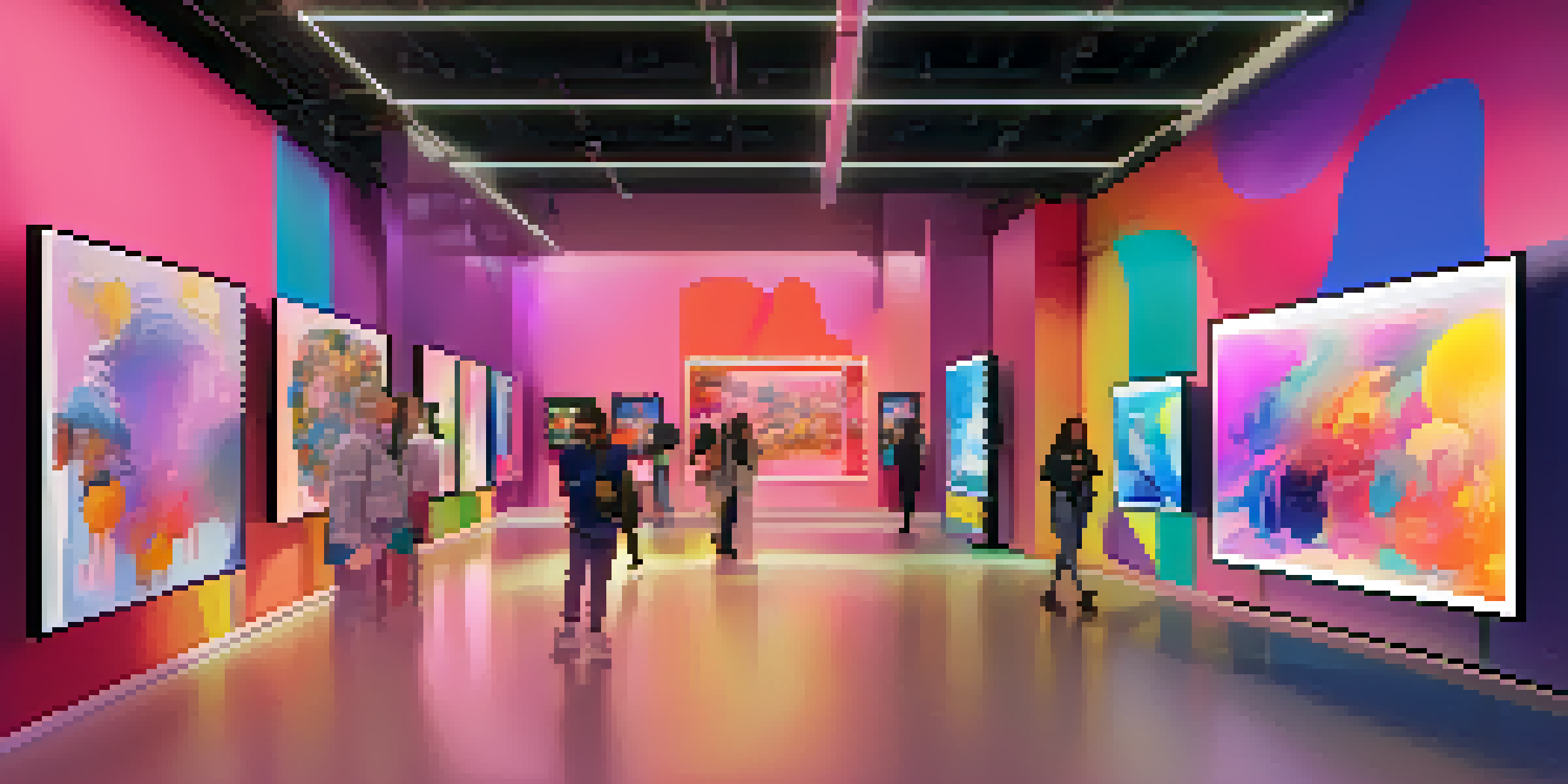 A colorful digital art marketplace featuring large screens displaying various NFT artworks in a modern setting.