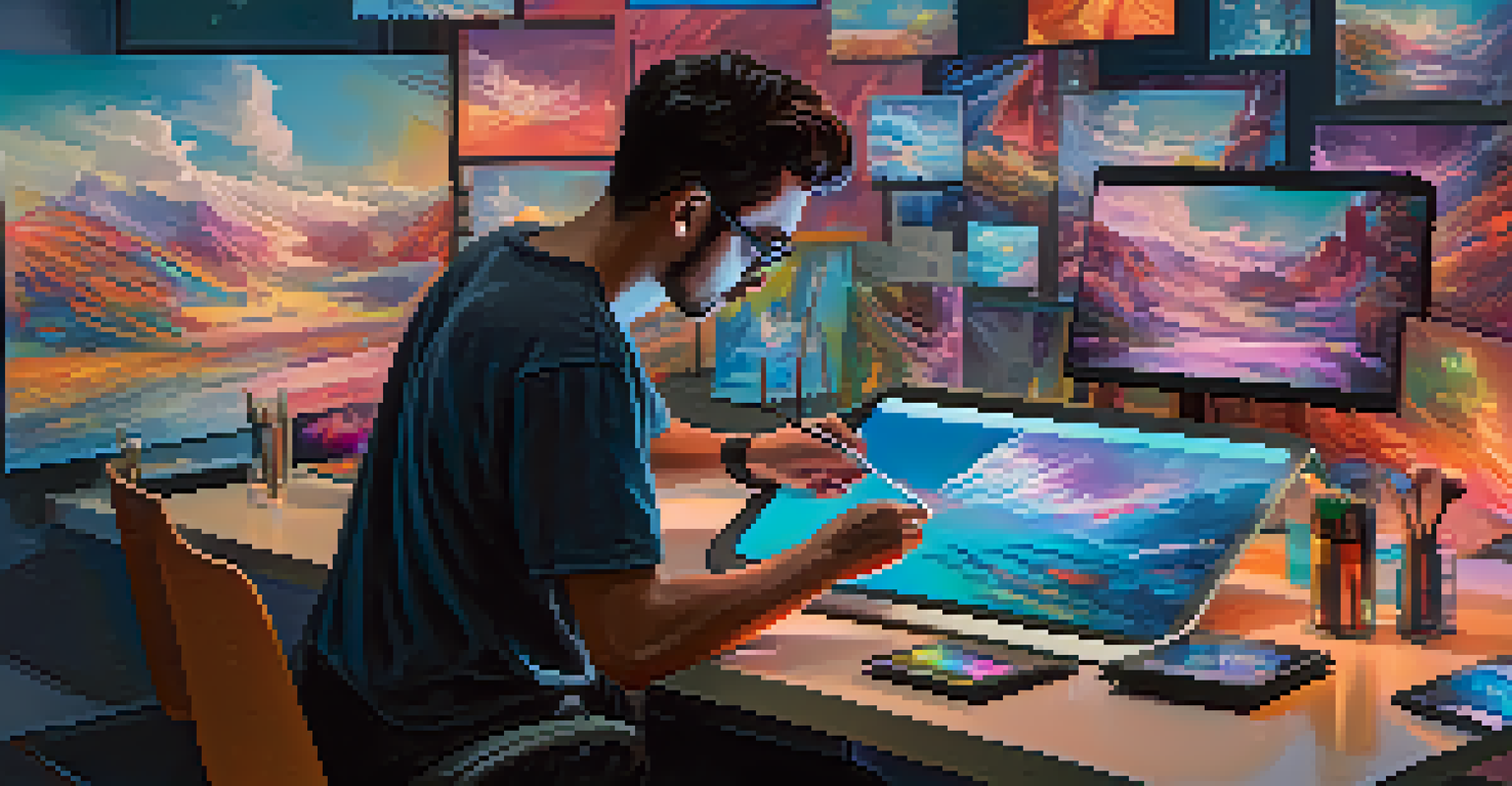 An artist using a tablet to create digital art, surrounded by floating holographic images of their work in a futuristic setting.