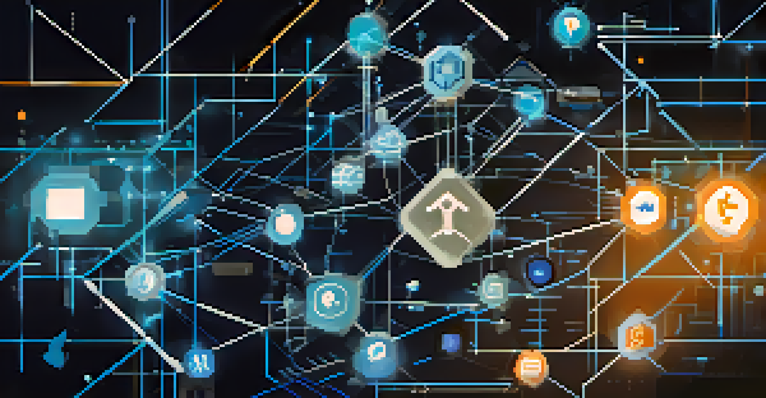 An abstract image of a blockchain structure with glowing blocks and icons representing community values like trust, inclusivity, and collaboration.