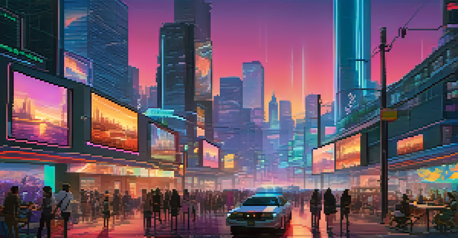 A futuristic cityscape at dusk with neon lights and people interacting with holographic displays of NFTs in a vibrant urban setting.