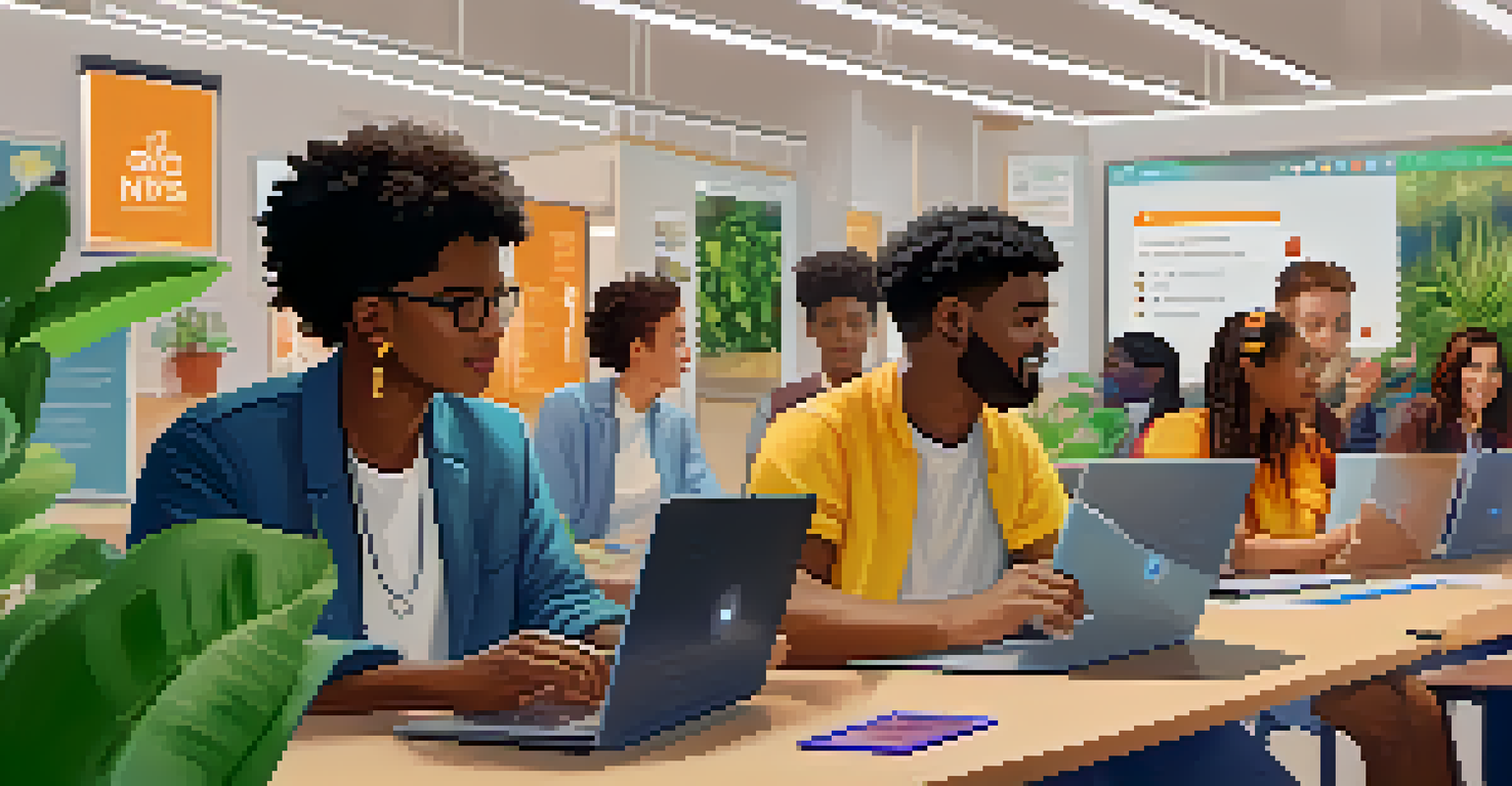 A diverse group of learners in a virtual classroom, each showing unique NFTs on their screens, representing community and collaboration.