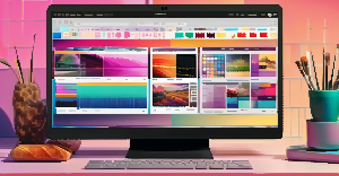 A laptop displaying a colorful NFT platform interface with digital art pieces in a grid layout.