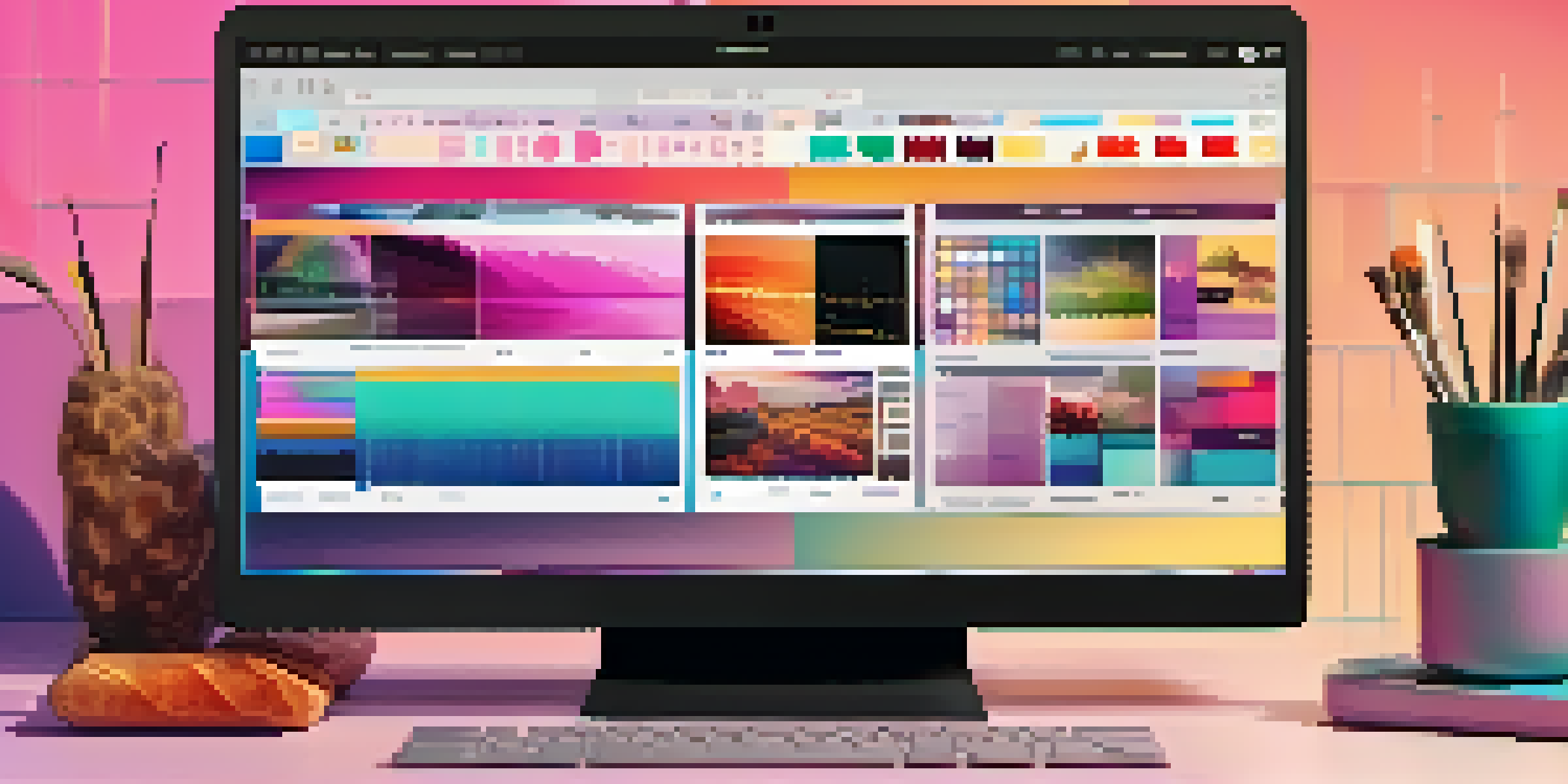A laptop displaying a colorful NFT platform interface with digital art pieces in a grid layout.