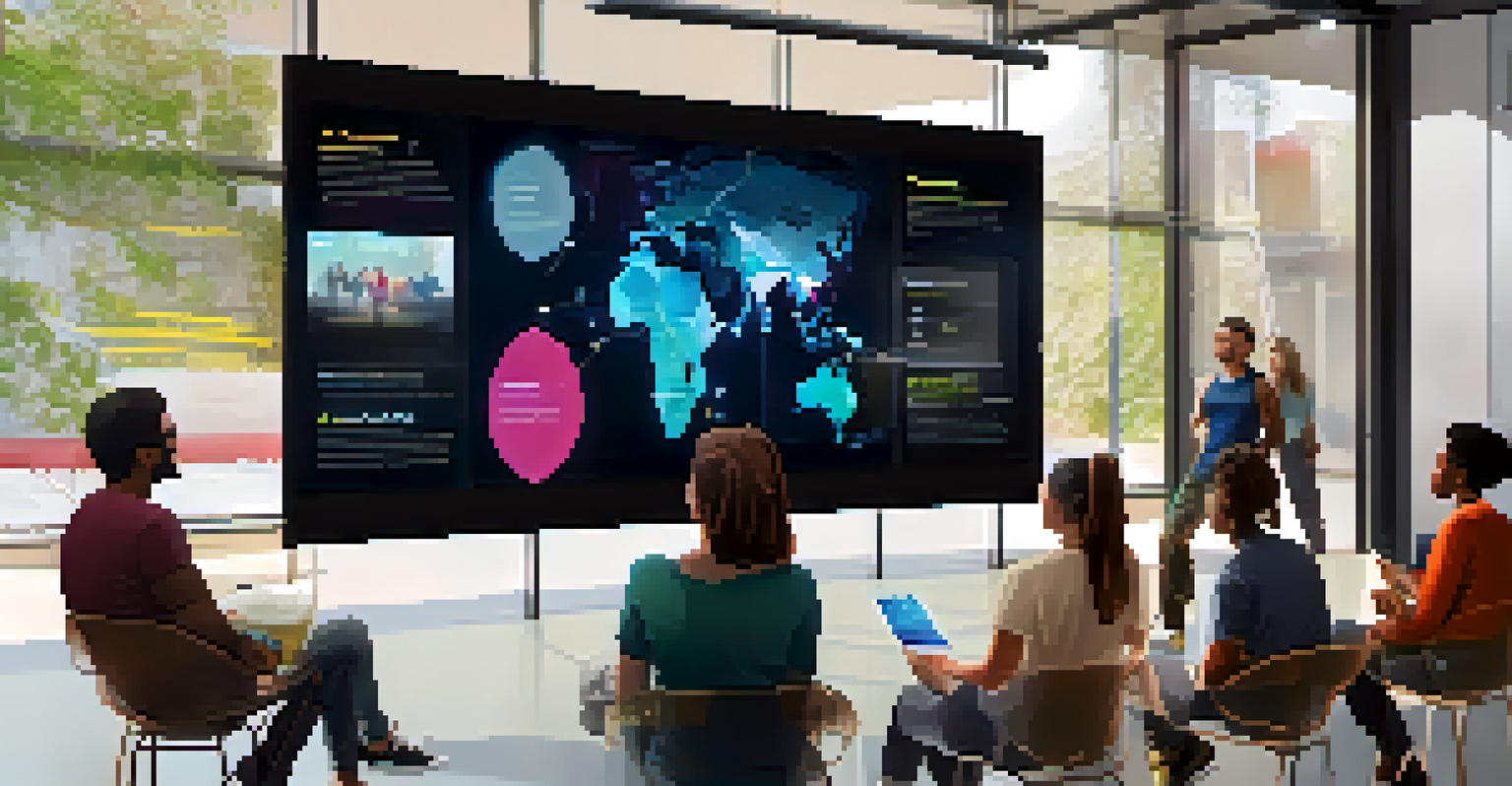 A diverse group of people collaborating on storytelling around a digital screen displaying a story map.