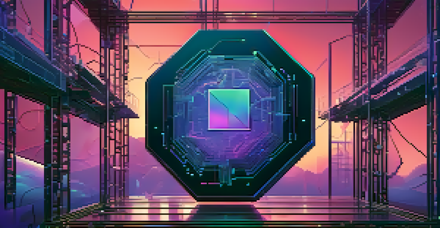 A conceptual representation of the relationship between technology and art in the NFT space, featuring blockchain and digital art.