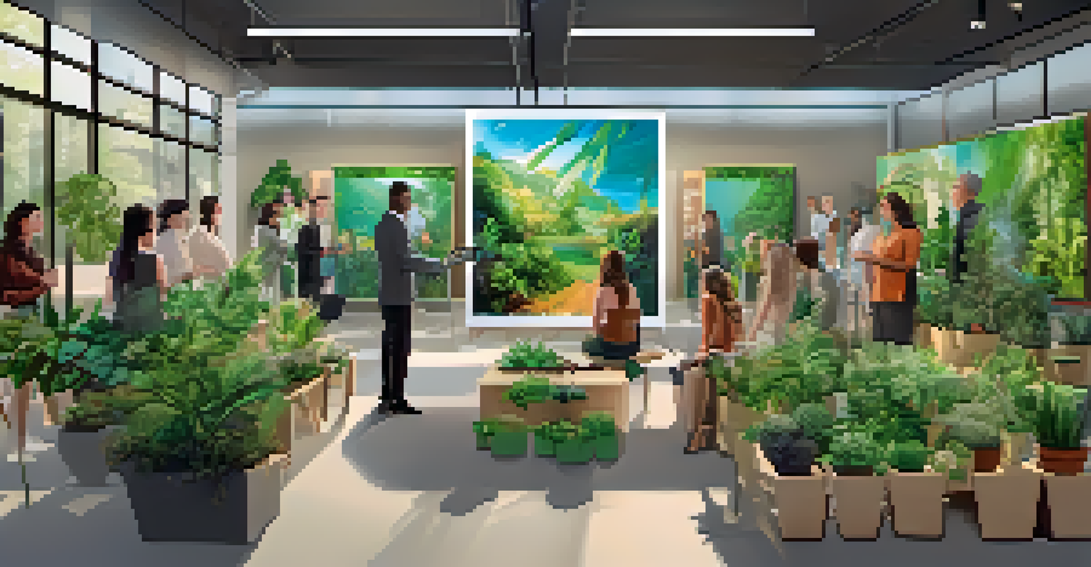 An illustration of a vibrant auction event for eco-friendly NFTs, highlighting diverse participants and digital screens.