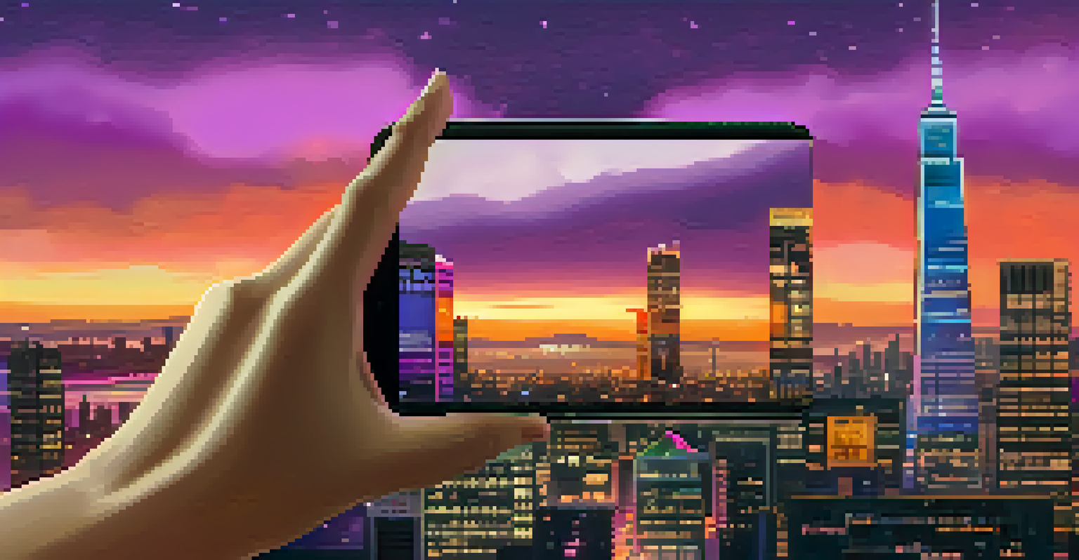 A hand holding a smartphone with a unique NFT artwork displayed against a blurred city skyline at dusk.