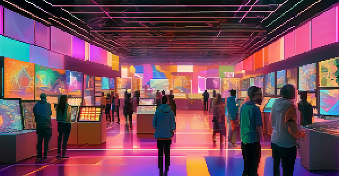 A lively digital art marketplace filled with artists and collectors engaging with colorful NFT displays and digital screens, set against a backdrop of abstract blockchain patterns.