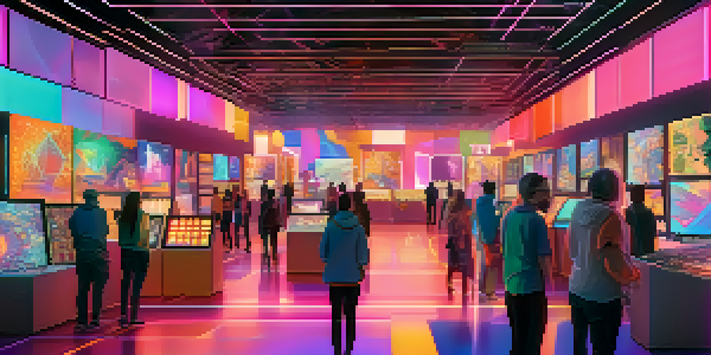 A lively digital art marketplace filled with artists and collectors engaging with colorful NFT displays and digital screens, set against a backdrop of abstract blockchain patterns.