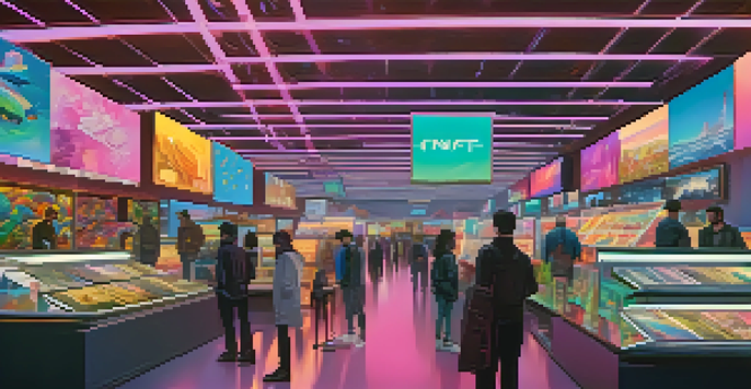 A vibrant digital marketplace with colorful NFT displays and engaged collectors in a modern setting.