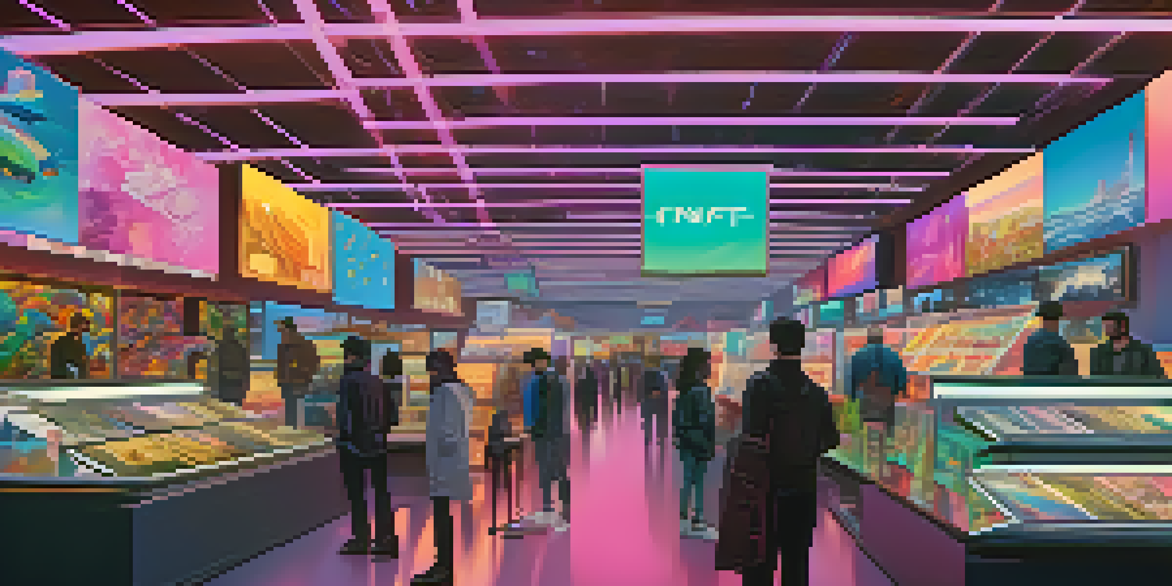 A vibrant digital marketplace with colorful NFT displays and engaged collectors in a modern setting.