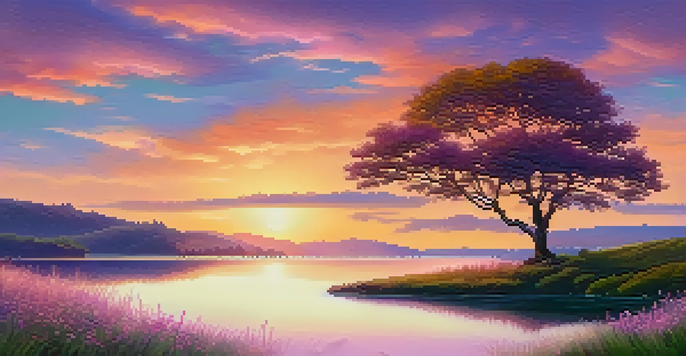 A tranquil landscape at sunset with rolling hills, wildflowers, and a calm lake reflecting the colorful sky.