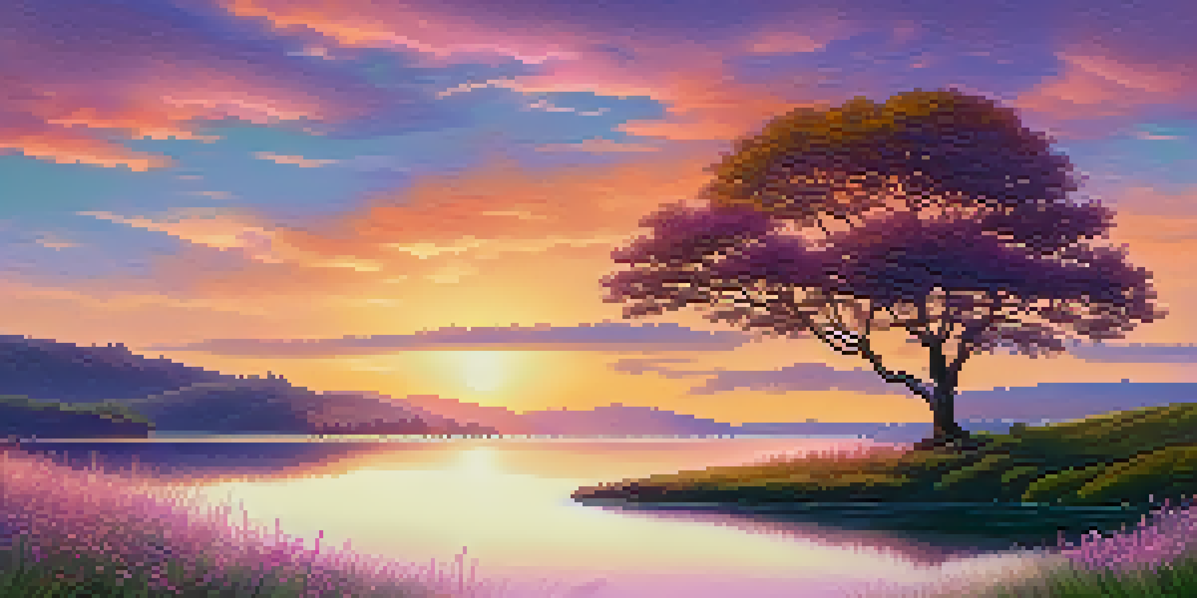 A tranquil landscape at sunset with rolling hills, wildflowers, and a calm lake reflecting the colorful sky.