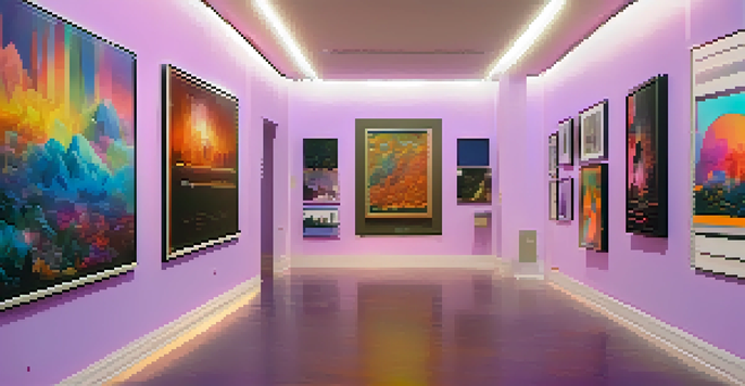 A digital art gallery filled with colorful NFTs, where community members are interacting and admiring the artwork.