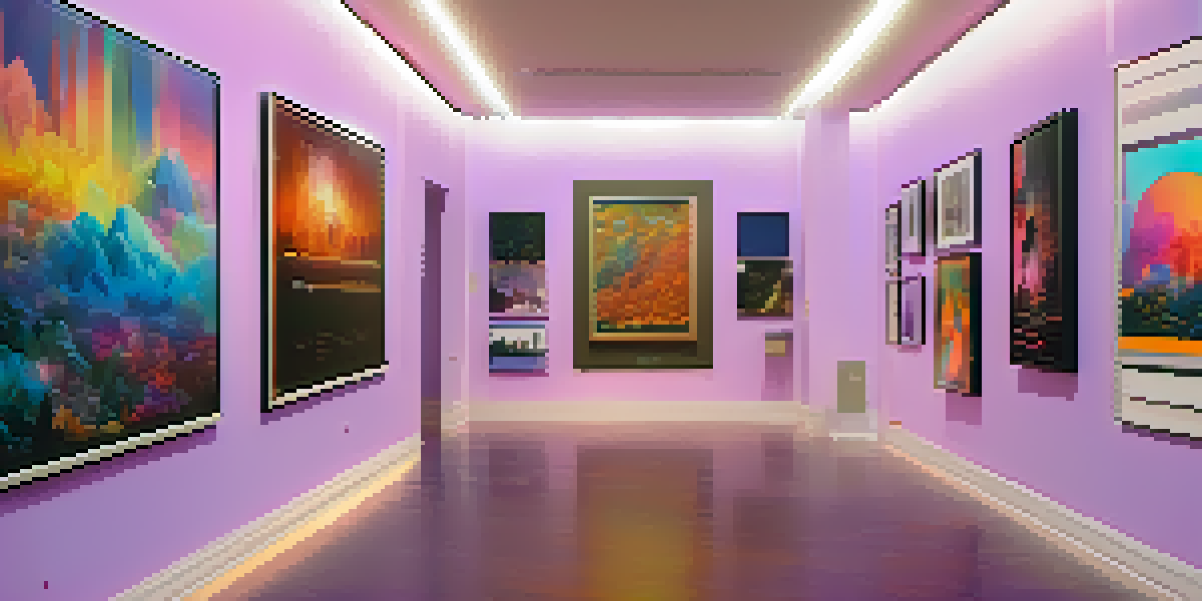 A digital art gallery filled with colorful NFTs, where community members are interacting and admiring the artwork.