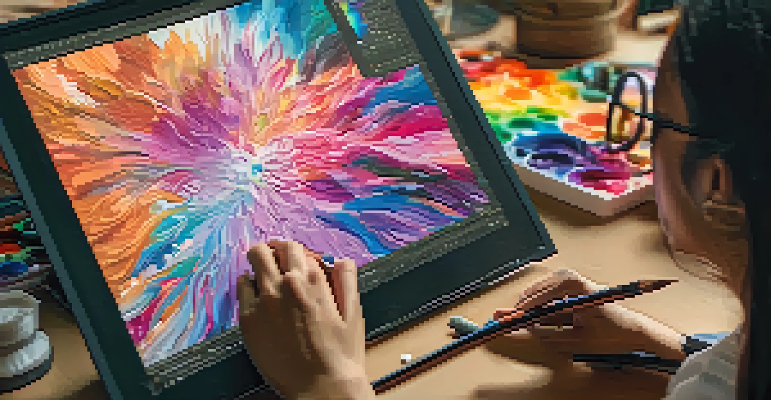 A digital artist intensely focused on creating a vibrant NFT artwork in a well-lit workspace filled with colorful materials.