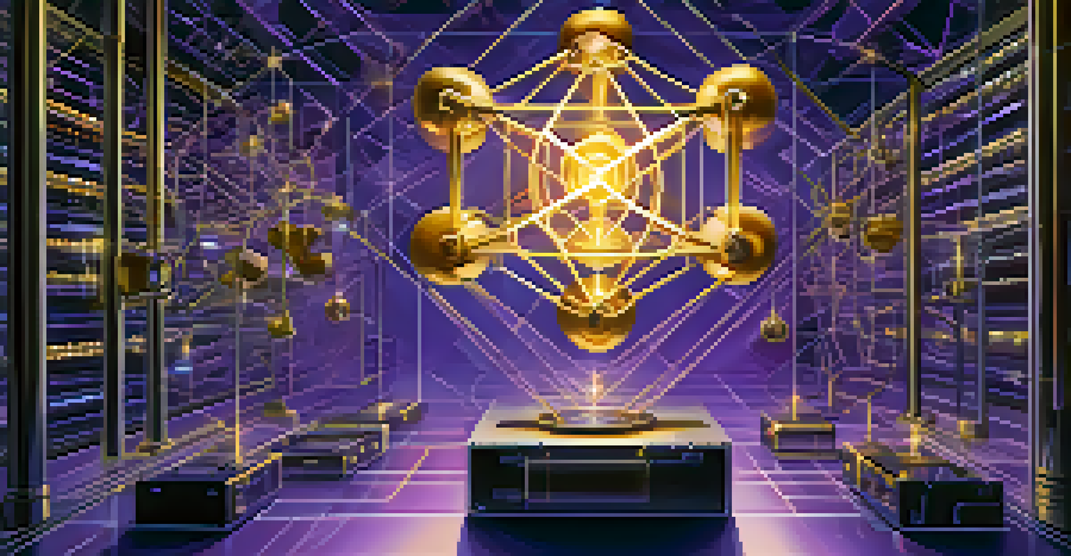 An abstract image showing interconnected blockchain nodes and chains with laboratory equipment in the background.