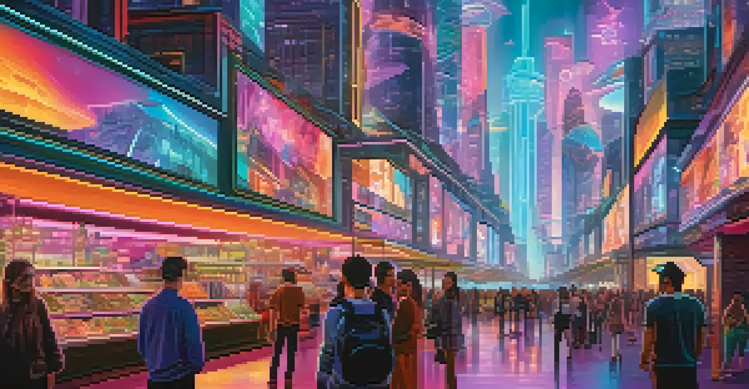 A futuristic city with augmented reality elements, featuring people exploring a digital marketplace with holographic displays.