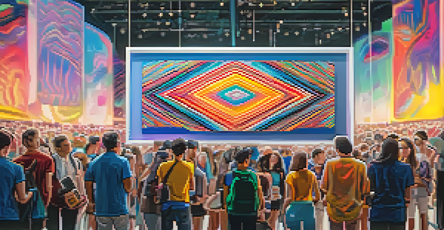 A close-up of a colorful, abstract NFT displayed on a glowing digital device, with a blurred background of art enthusiasts.