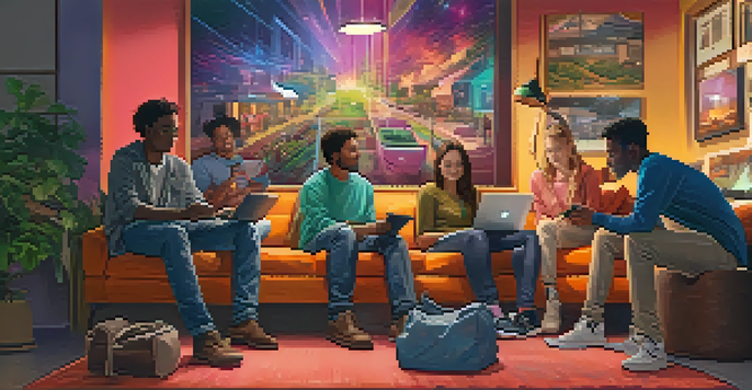 A diverse group of individuals in a community space discussing technology, surrounded by colorful posters about internet access.