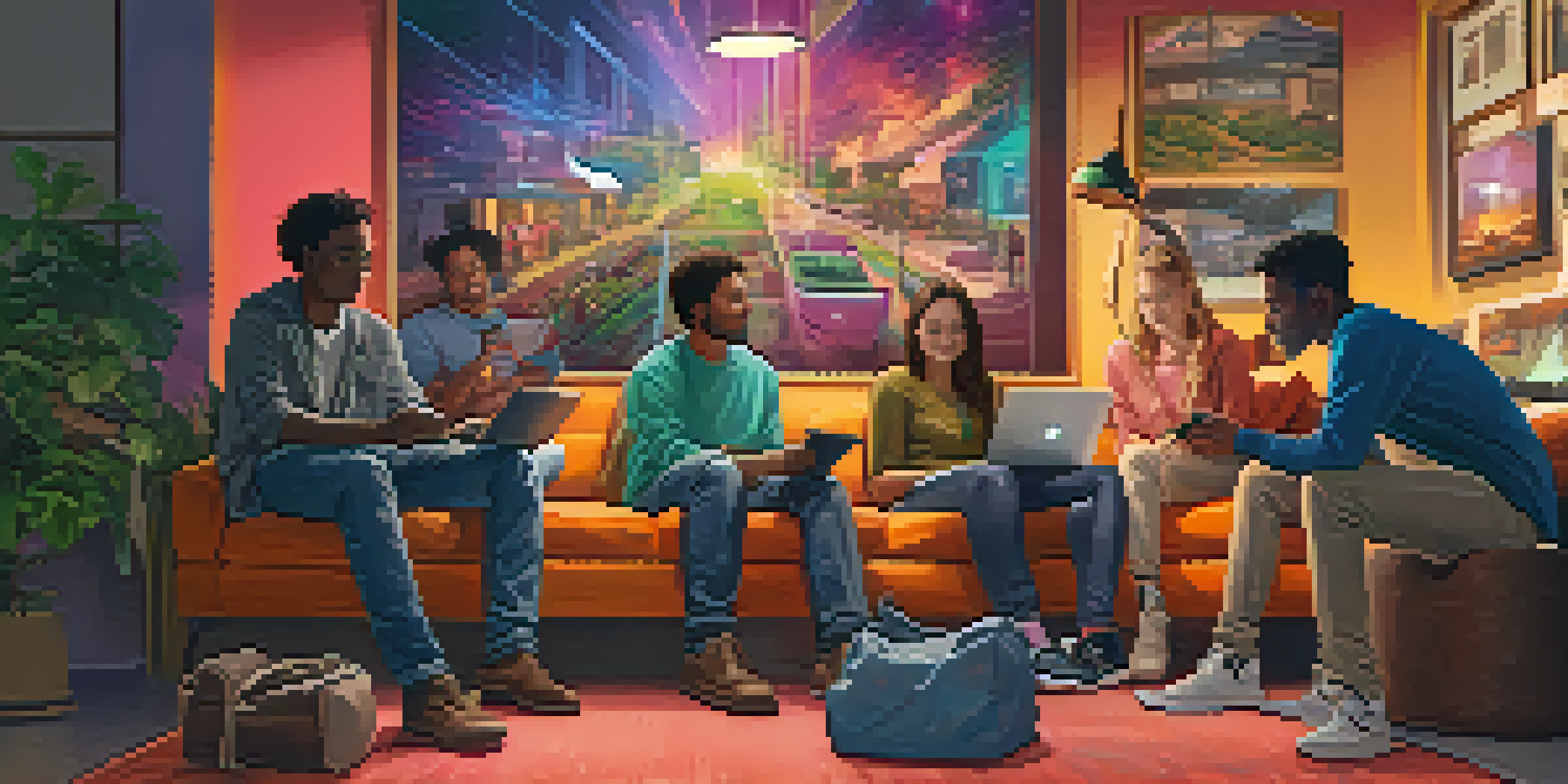 A diverse group of individuals in a community space discussing technology, surrounded by colorful posters about internet access.