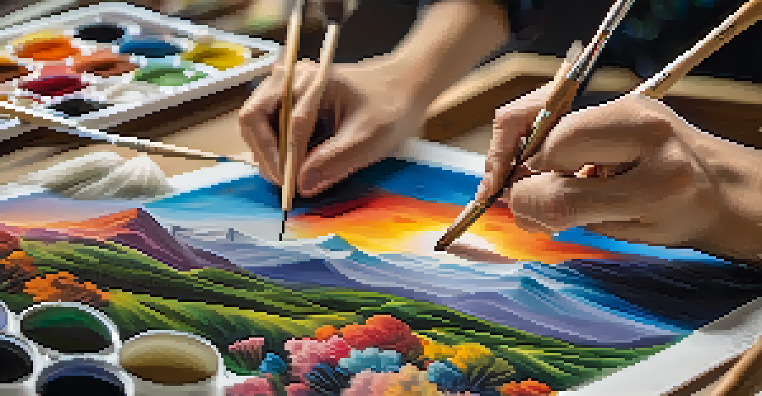 An artist's hands painting a colorful landscape on canvas, surrounded by brushes and paint splatters.