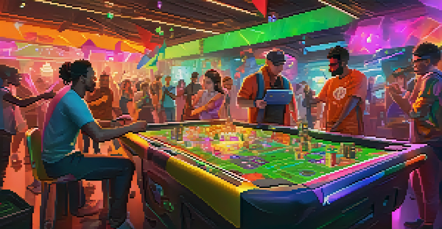 A gaming community event showcasing players collaborating on quests to earn exclusive NFTs in a festive atmosphere.