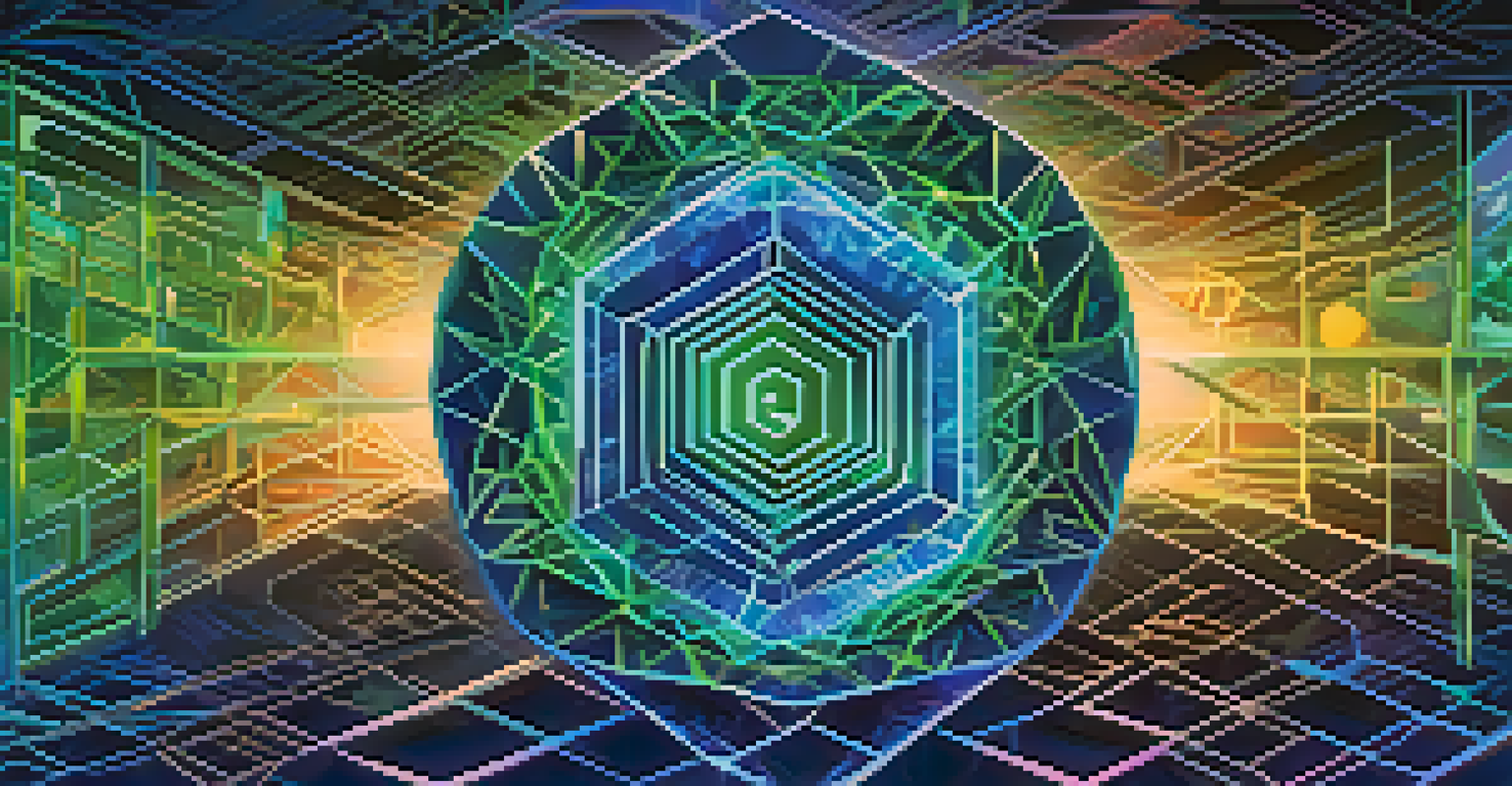 A glowing digital token representing an NFT, surrounded by blockchain patterns.