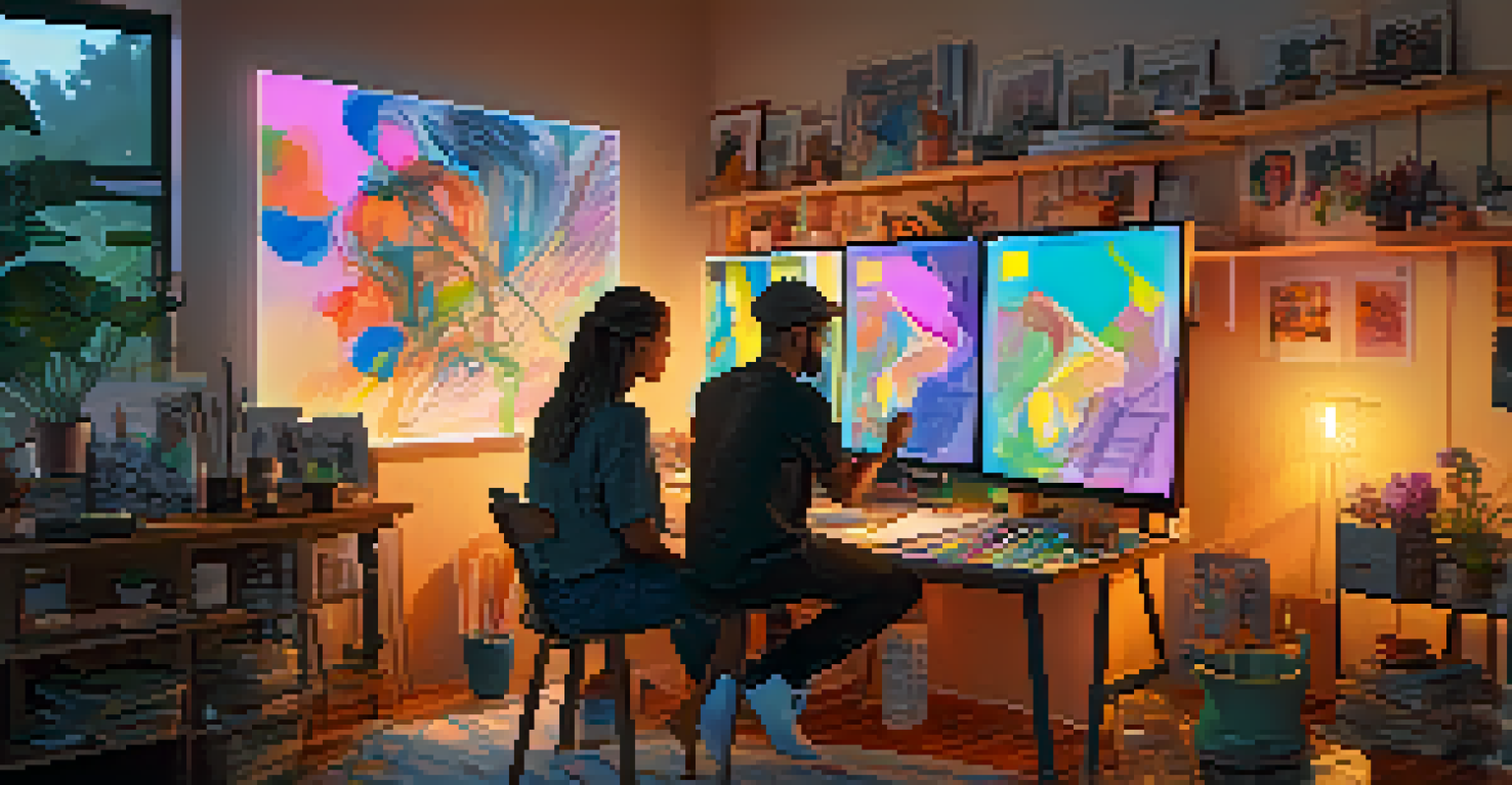 Two artists collaborating in a cozy studio, surrounded by art supplies and screens showing their NFT creations.