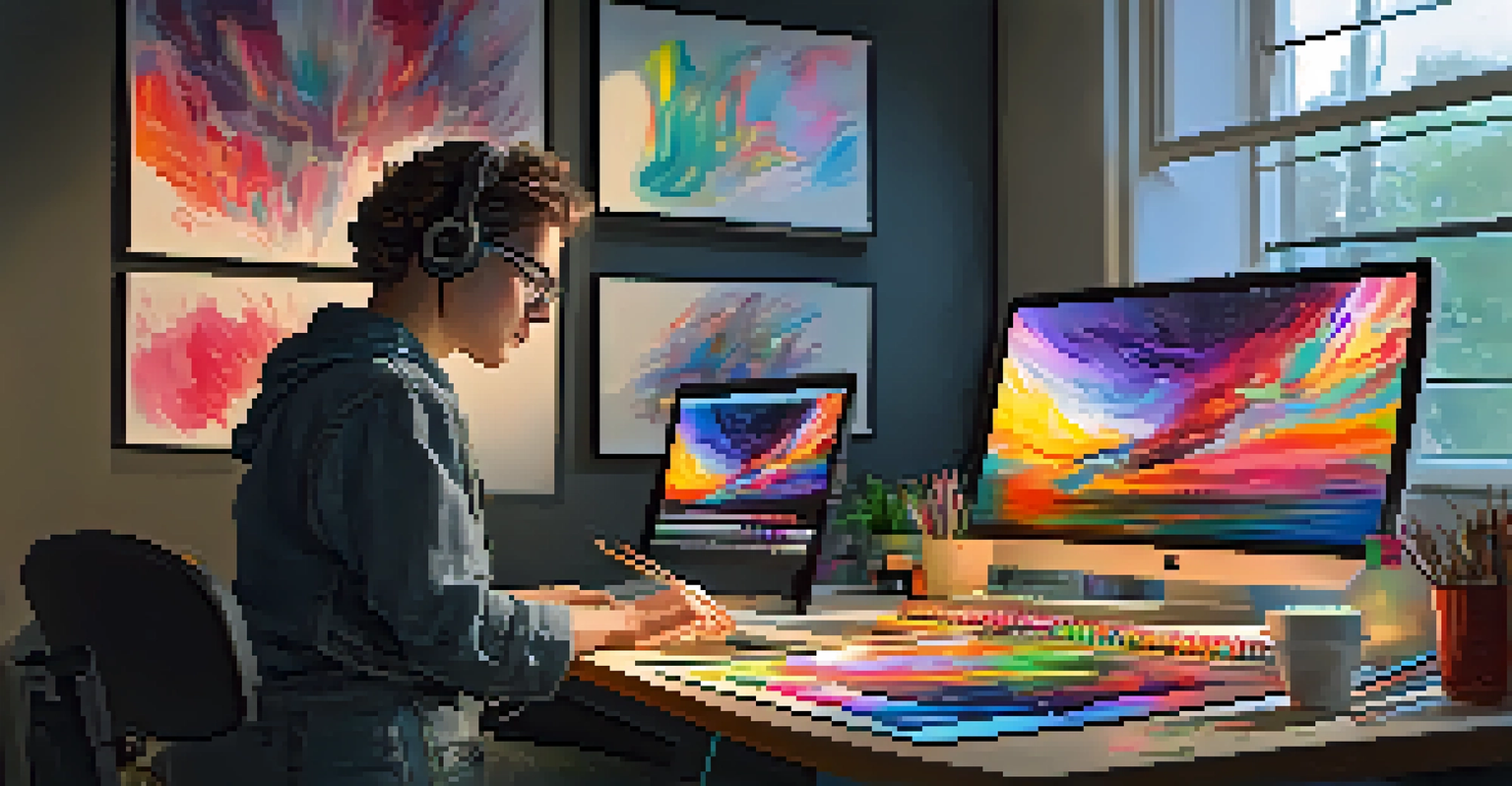 An artist working on a computer to create an NFT, surrounded by art supplies, with bright natural light coming from a window.