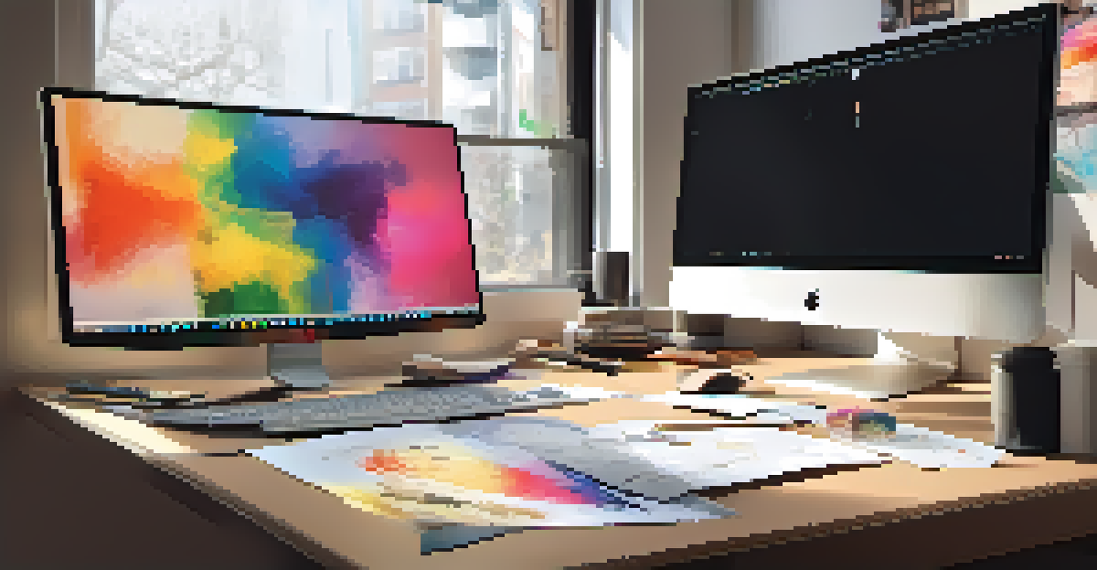 A close-up view of a digital artist's workspace with a monitor displaying colorful NFT art, surrounded by art supplies and natural light.