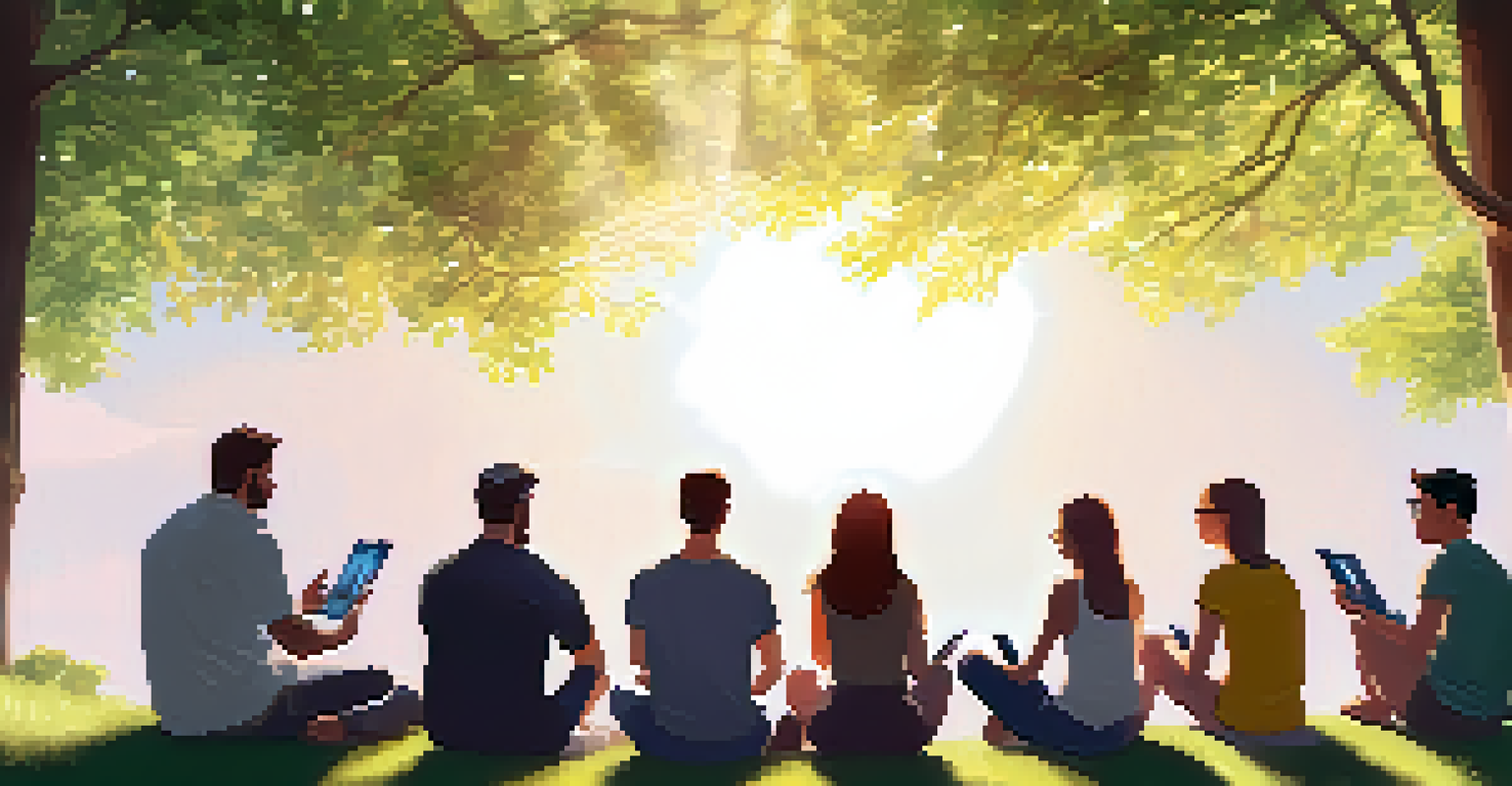 A group of people in nature discussing mental health, with some holding tablets showing their NFT artworks.