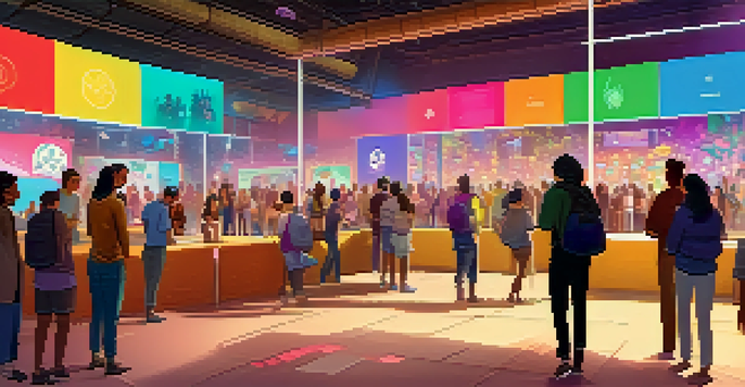 A community gathering with diverse individuals discussing digital art and NFTs in a colorful, modern space.