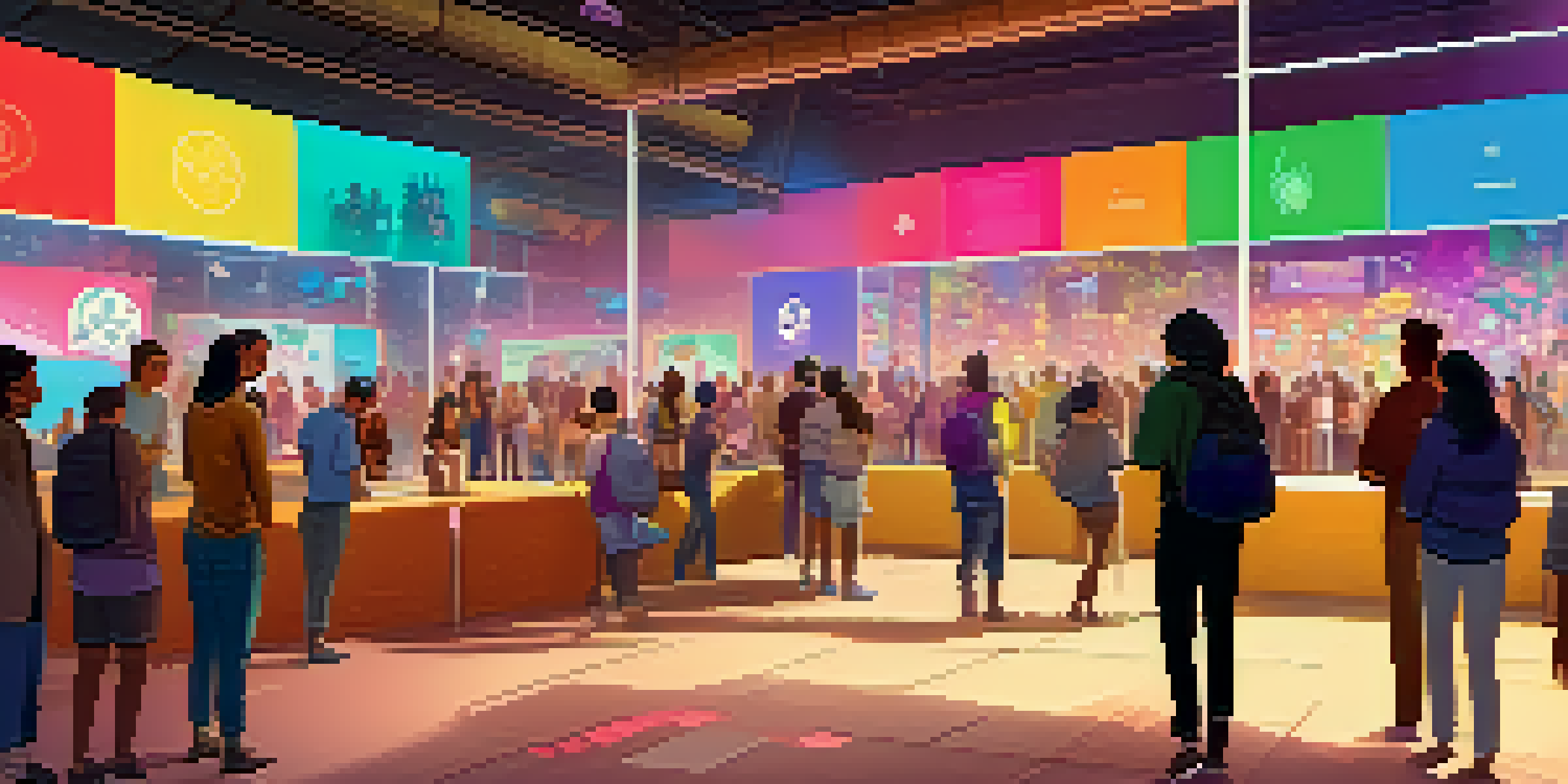 A community gathering with diverse individuals discussing digital art and NFTs in a colorful, modern space.