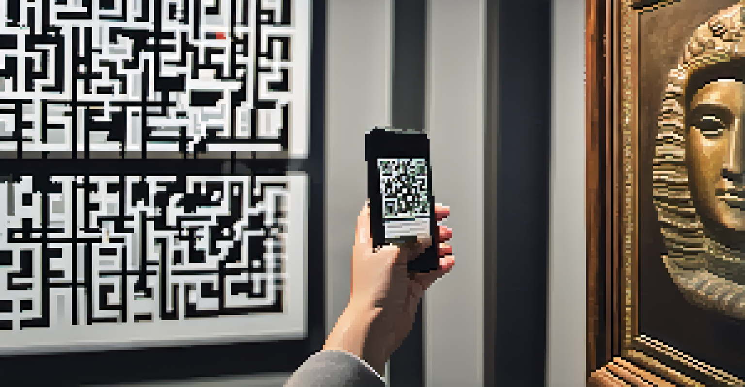 A close-up of a museum visitor scanning a QR code next to a historical exhibit, preparing to access digital content.