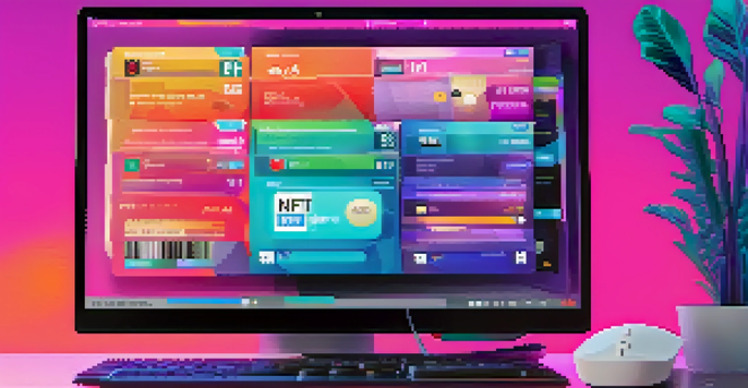 A computer screen displaying a digital wallet with colorful NFTs, surrounded by a modern workspace setting.