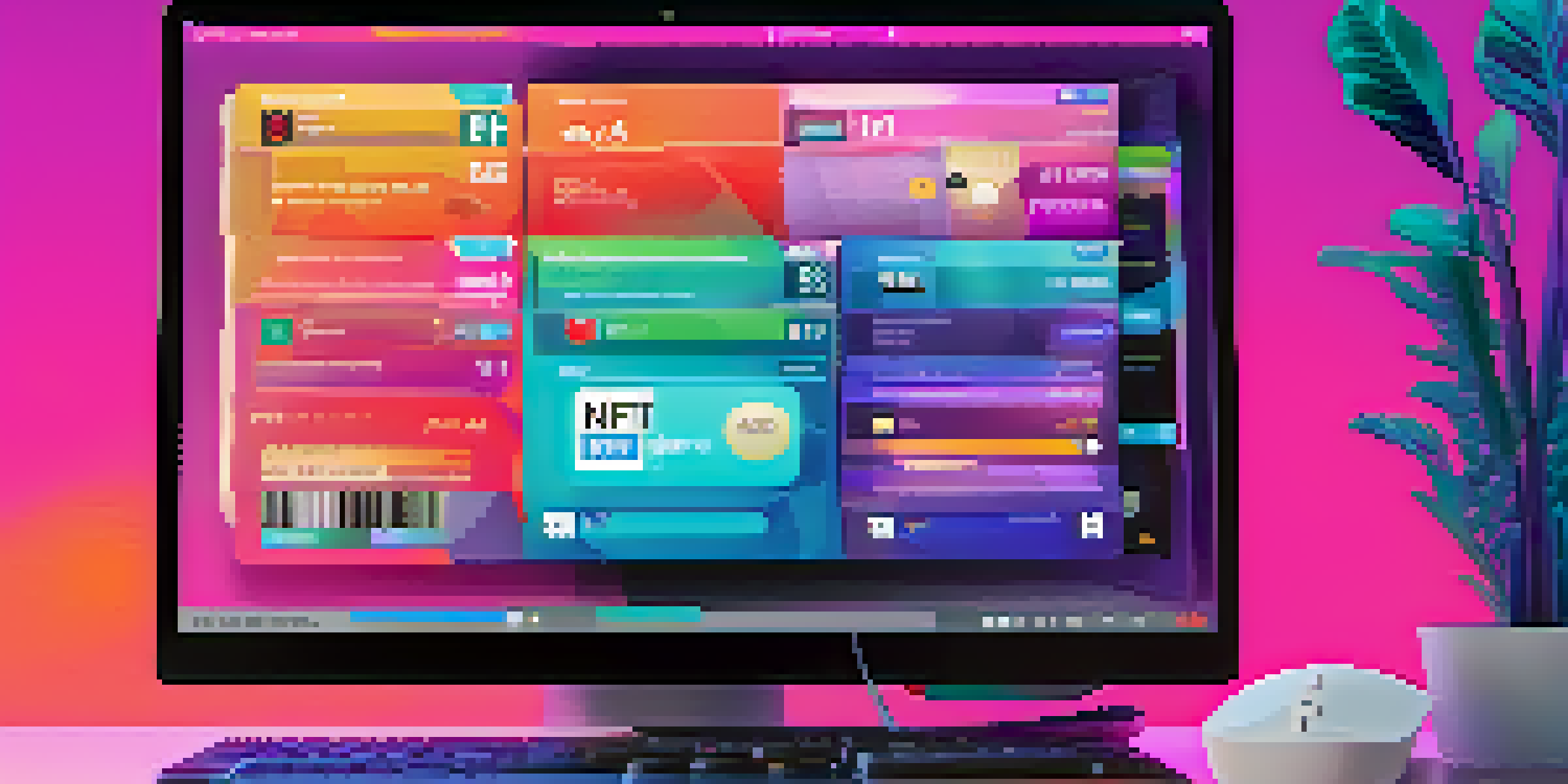 A computer screen displaying a digital wallet with colorful NFTs, surrounded by a modern workspace setting.
