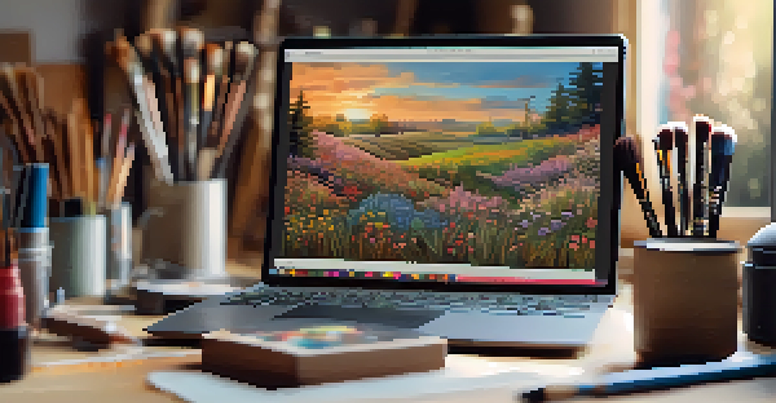 A close-up of a limited edition NFT on a digital device in an artist's studio, surrounded by creative tools and warm lighting.