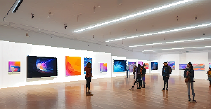 A modern digital art gallery with screens displaying various NFTs and colorful abstract art on the walls.