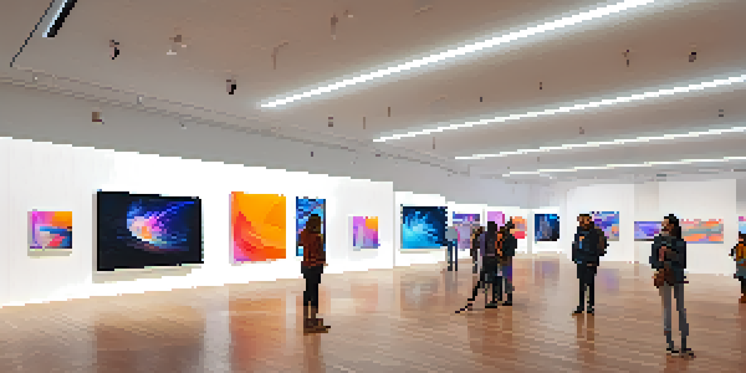A modern digital art gallery with screens displaying various NFTs and colorful abstract art on the walls.