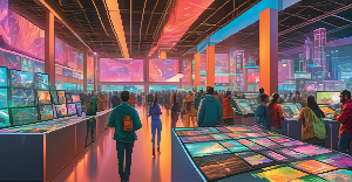 A lively digital art marketplace with colorful NFT artworks and diverse people interacting and trading.