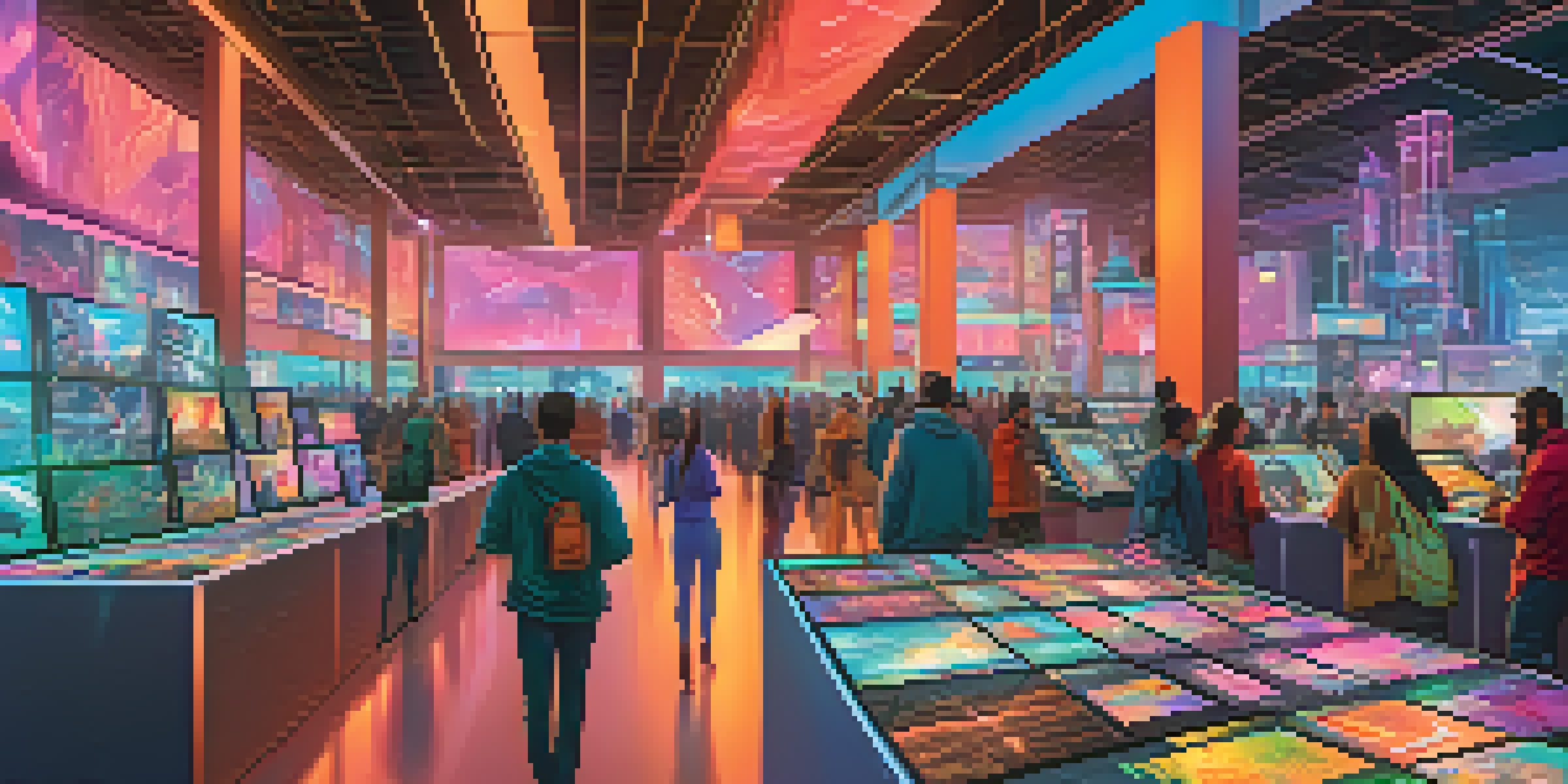 A lively digital art marketplace with colorful NFT artworks and diverse people interacting and trading.