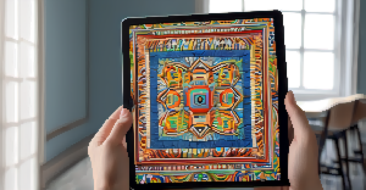 A close-up of a vibrant NFT artwork on a digital tablet, illuminated by natural light, showcasing unique patterns and colors.