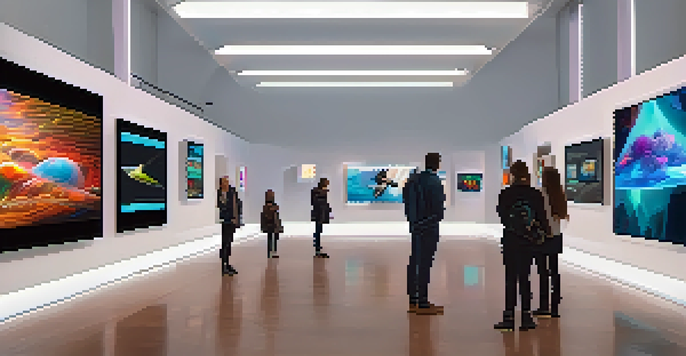 A modern digital art gallery with various NFTs displayed on high-resolution screens, with visitors admiring the artworks under ambient lighting.