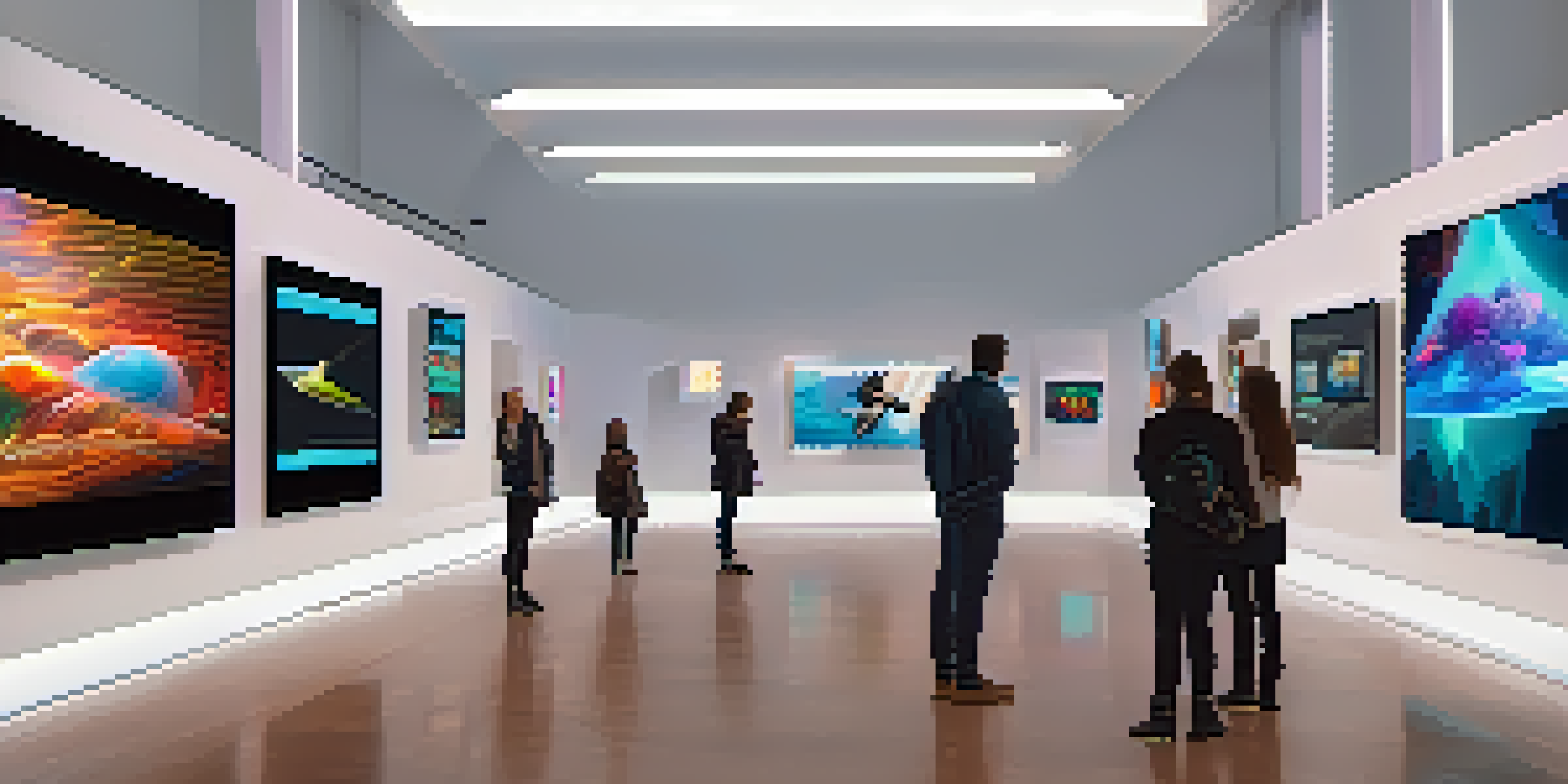 A modern digital art gallery with various NFTs displayed on high-resolution screens, with visitors admiring the artworks under ambient lighting.