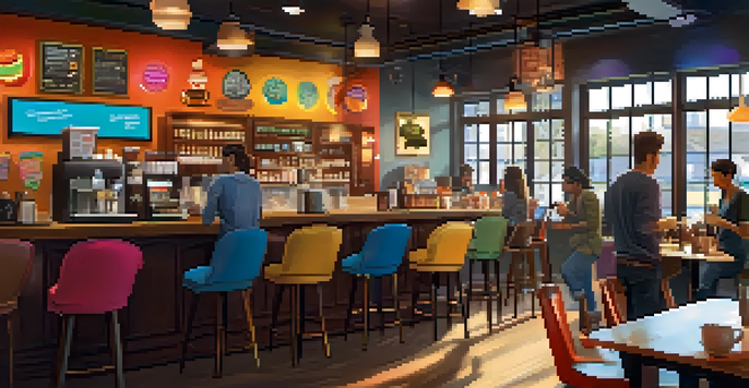A cozy coffee shop with colorful NFT badges on the walls, warm lighting, and customers enjoying conversations while examining digital collectibles.